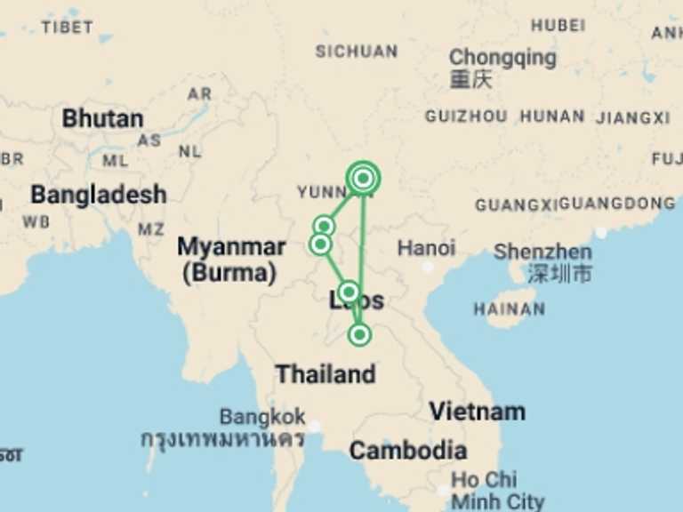 Map of China Tour with 5 destination visits for the trip: Follow The Footsteps Of Tea And Horse: Kunming To Laos Natural Discovery Tour