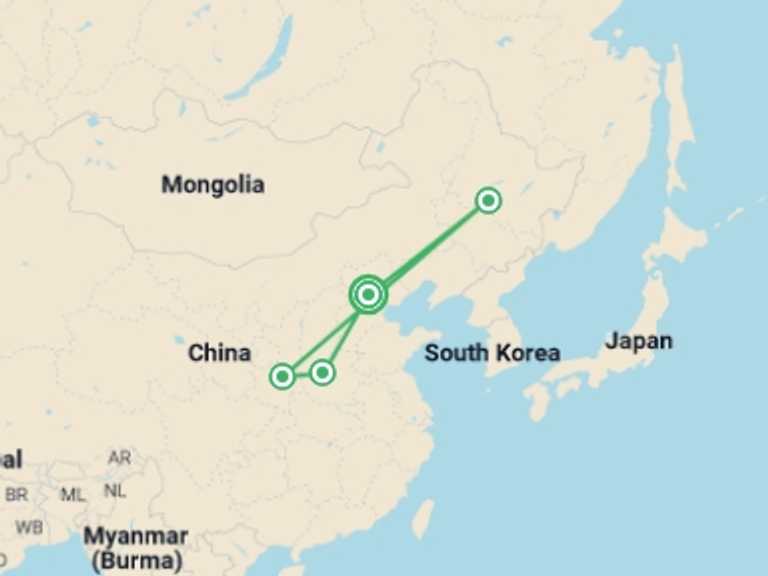 Map of China Tour with 4 destination visits for the trip: Harbin Ice Festival - 11 days