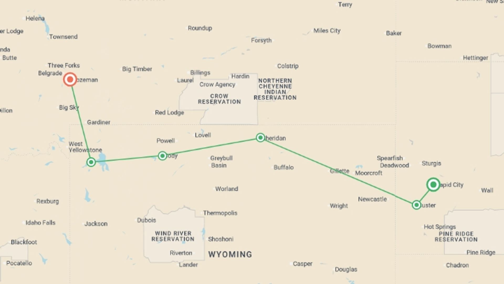 A map showing the tour itinerary for the trip: South Dakota to Yellowstone Parks Explorer, starting in Rapid City, USA and ending in Bozeman, USA going through 4 other destinations.