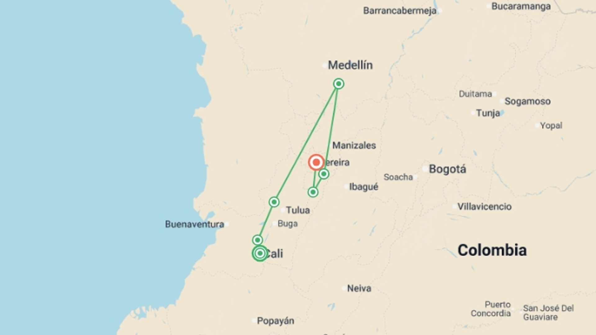 A map showing the tour itinerary for the trip: Road Cycling Colombia: Cali to Coffee Paradise, starting in Cali, Colombia and ending in Calarcá, Colombia going through 6 other destinations.