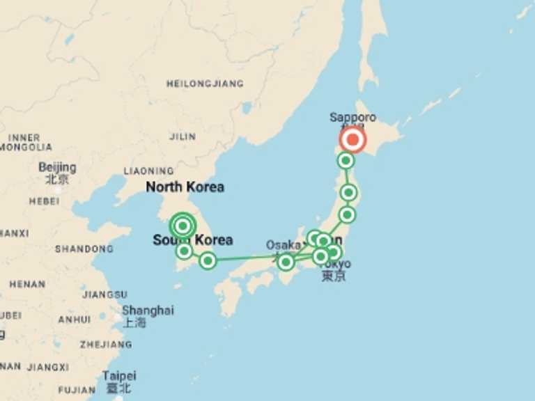 Map itinerary of Sapporo Tour in October 2025 with 12 destination visits for the trip: Scenic Korea and Japan’s Corners, Ending in Sapporo