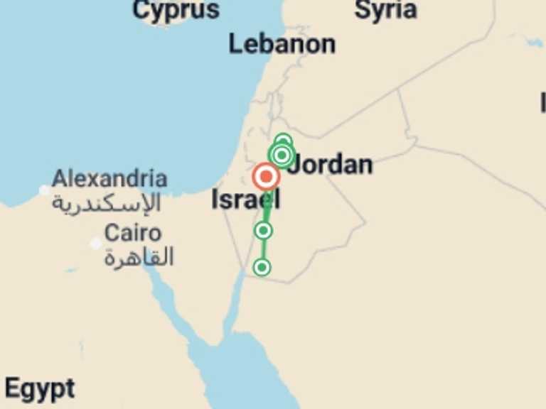 Map itinerary of Dead Sea Tour in October 2027 with 5 destination visits for the trip: Jordan: Hike, Bike & Snorkel