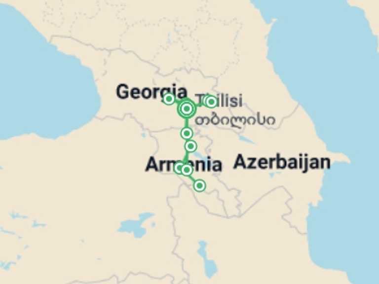 Map itinerary of Europe Tour in May 2026 with 2 destination visits for the trip: Highlights of Georgia & Armenia - 9 days