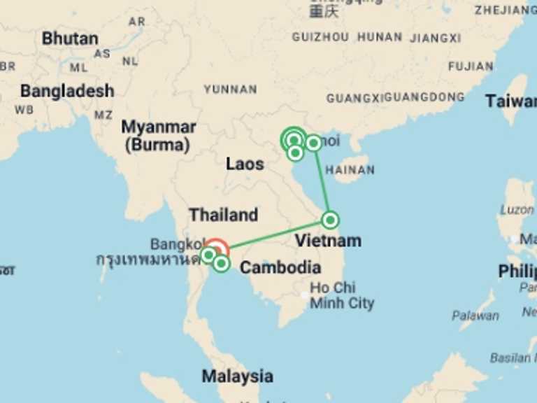 Map itinerary of South East Asia Tour in October 2026 with 7 destination visits for the trip: Grand Horizons Vietnam & Thailand - 14 days