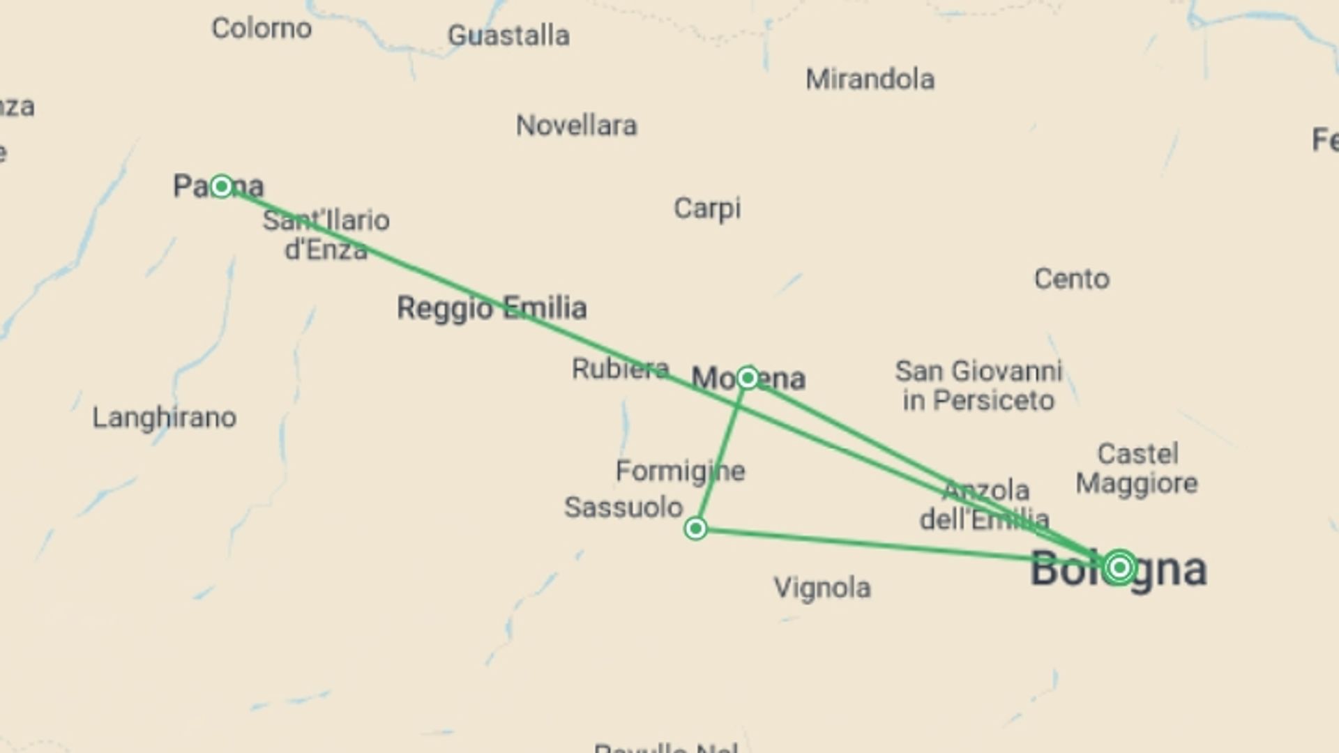 A map showing the tour itinerary for the trip: Gastronomic Bologna, Ferrari & Parma - 4 days , starting in Bologna, Italy and ending in Bologna, Italy going through 0 other destinations.