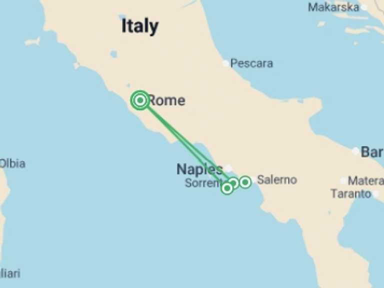 Map itinerary of Rome Tour in August 2026 with 4 destination visits for the trip: Amalfi Coast Highlights Tour from Rome