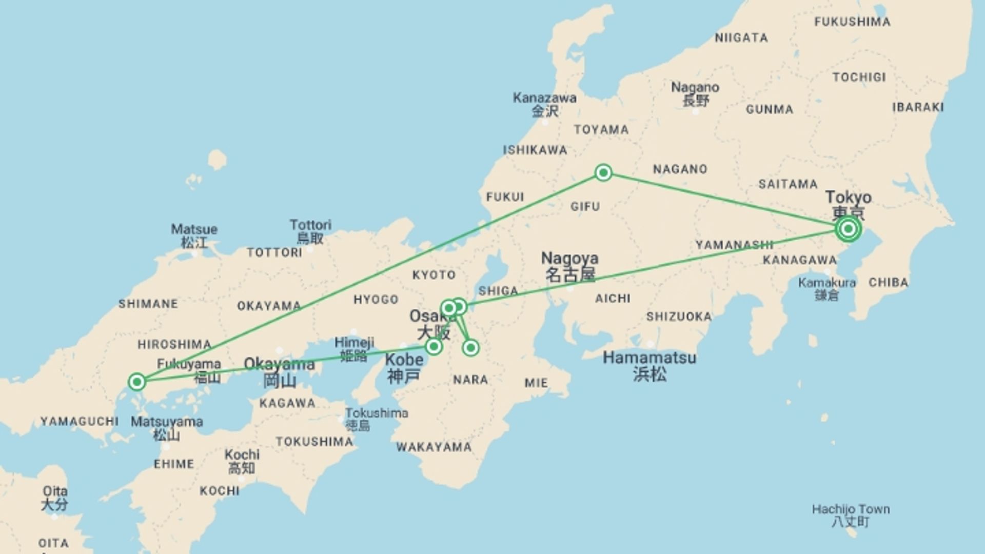 A map showing the tour itinerary for the trip: Japan Family Tour: Explore the Best of Japan, starting in undefined, Japan and ending in undefined, Japan going through 0 other destinations.