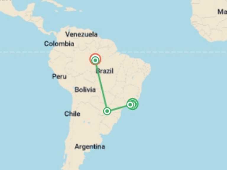 Map of a Active and outdoor Tour with 6 destination visits for the trip: Rio de Janeiro, Iguassu Falls and Amazon Rainforest