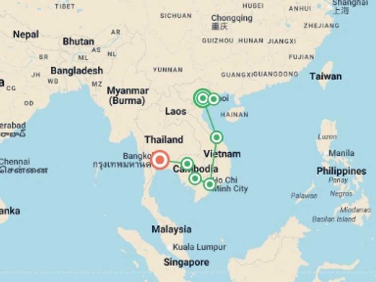 Map itinerary of Hanoi Tour in November 2026 with 7 destination visits for the trip: Journey to Angkor Wat & Bangkok - 17 days