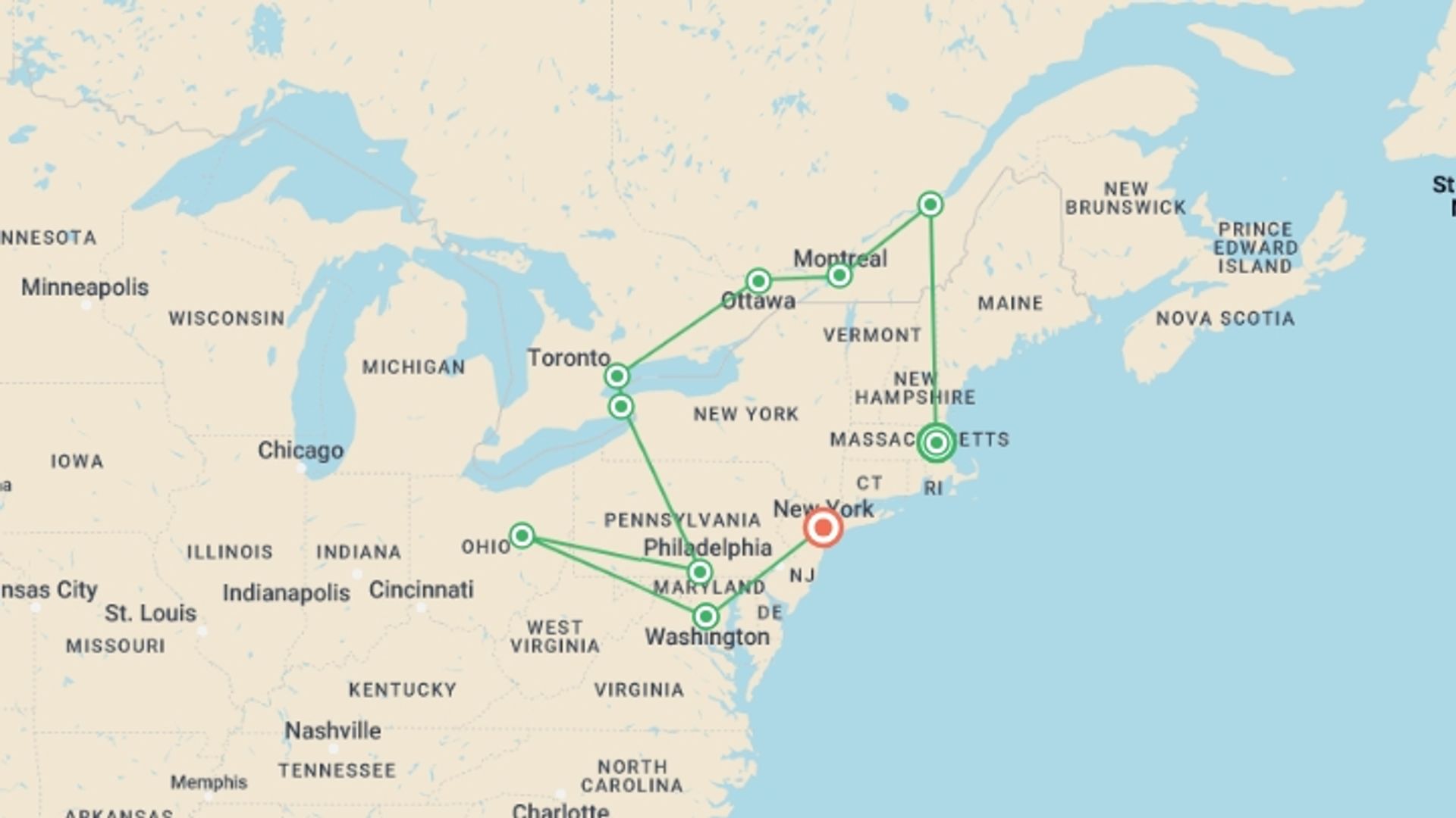 A map showing the tour itinerary for the trip: Patriot Trails, starting in Boston, USA and ending in New York, USA going through 7 other destinations.
