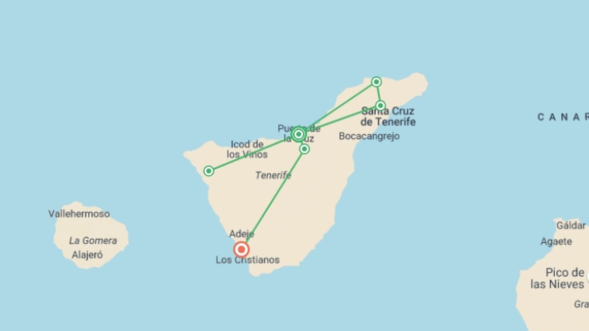 A map showing the tour itinerary for the trip: Hiking the Canary Islands: Tenerife, Anaga, and Beyond, starting in Puerto De La Cruz, Spain and ending in Costa Adeje, Spain going through 0 other destinations.