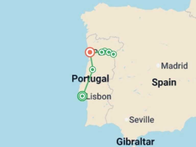 Map itinerary of Spain Tour in August 2026 with 6 destination visits for the trip: Lisbon, Porto and the Douro valley (Portugal) and Salamanca (Spain) (port-to-port cruise)