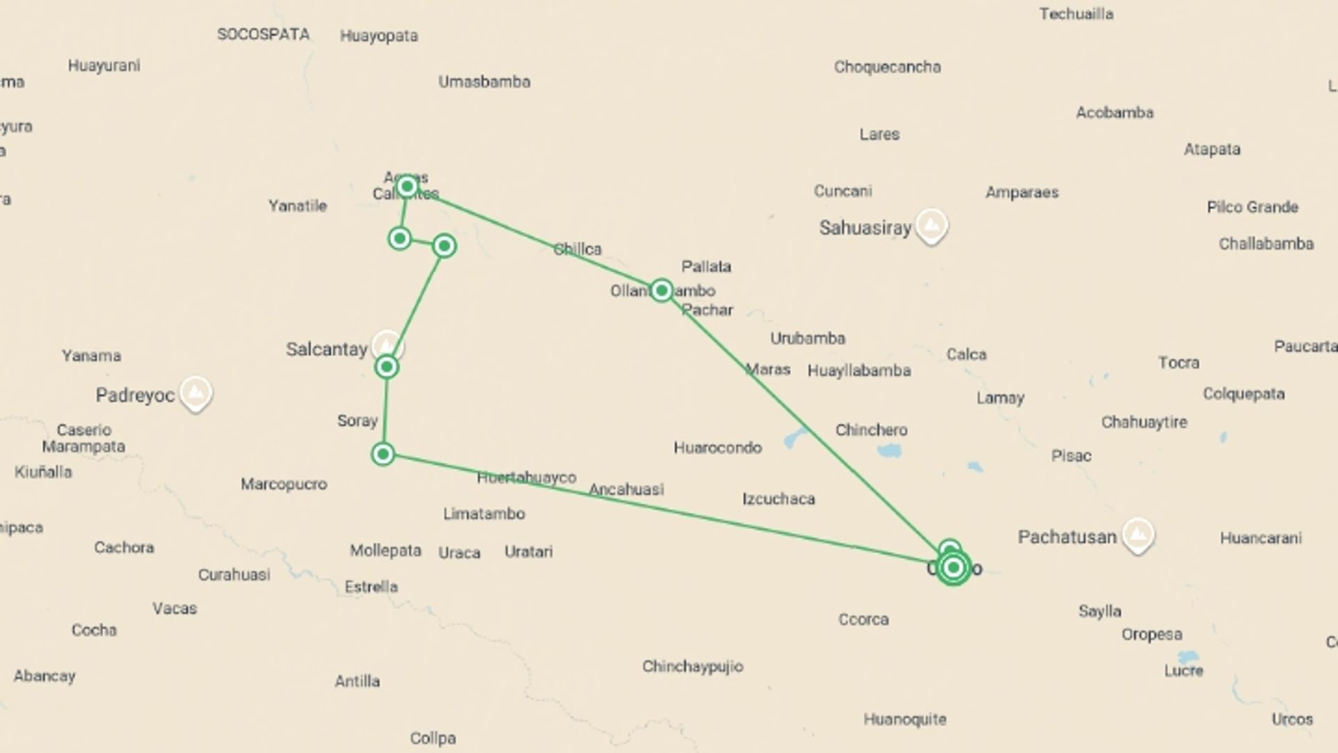 A map showing the tour itinerary for the trip: The Inca Trail & Salkantay Trek, starting in Cusco, Peru and ending in Cusco, Peru going through 8 other destinations.