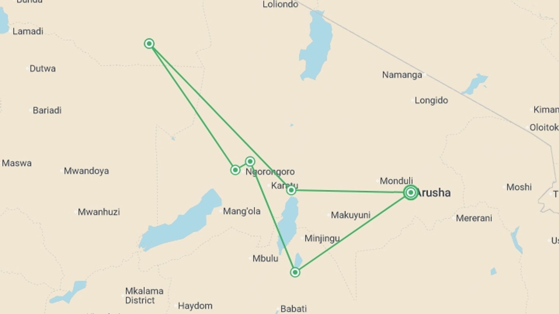 A map showing the tour itinerary for the trip: Northern Tanzania Circuit, starting in Arusha, Tanzania and ending in Arusha, Tanzania going through 5 other destinations.