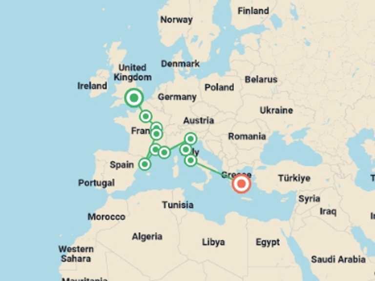 Map of Europe Cultural, religious and historic sites Tour with 9 destination visits for the trip: London to Athens 