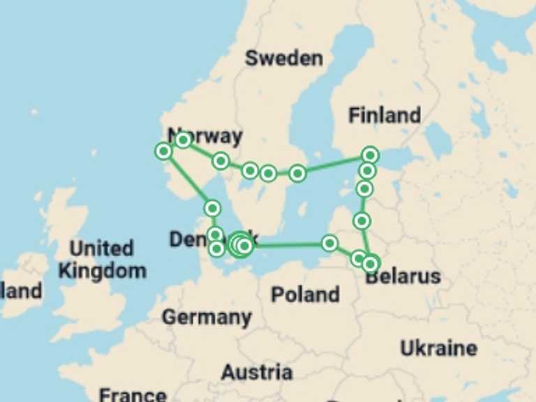 Map itinerary of Europe Tour in June 2026 with 10 destination visits for the trip: Ultimate Scandinavia & the Baltics
