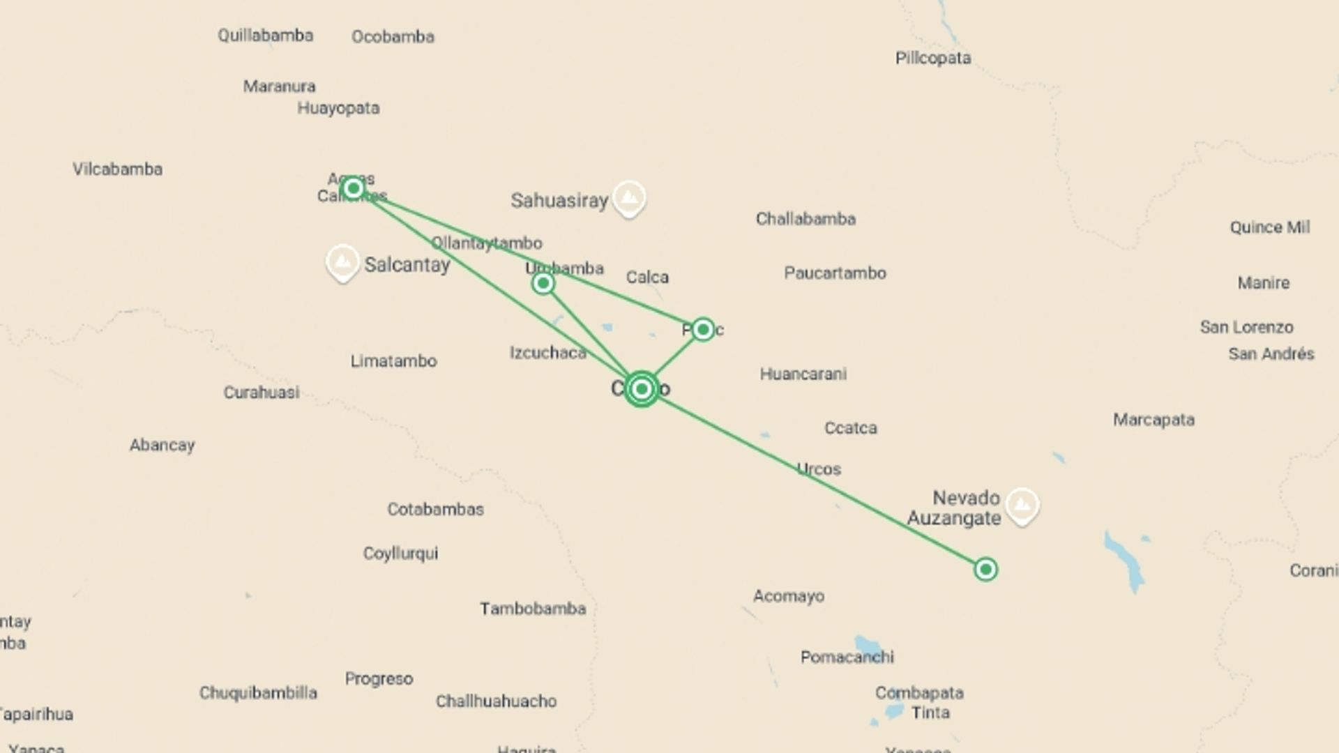 A map showing the tour itinerary for the trip: Machu Picchu and the Rainbow Mountain 6 days, starting in Cusco, Peru and ending in Cusco, Peru going through 4 other destinations.