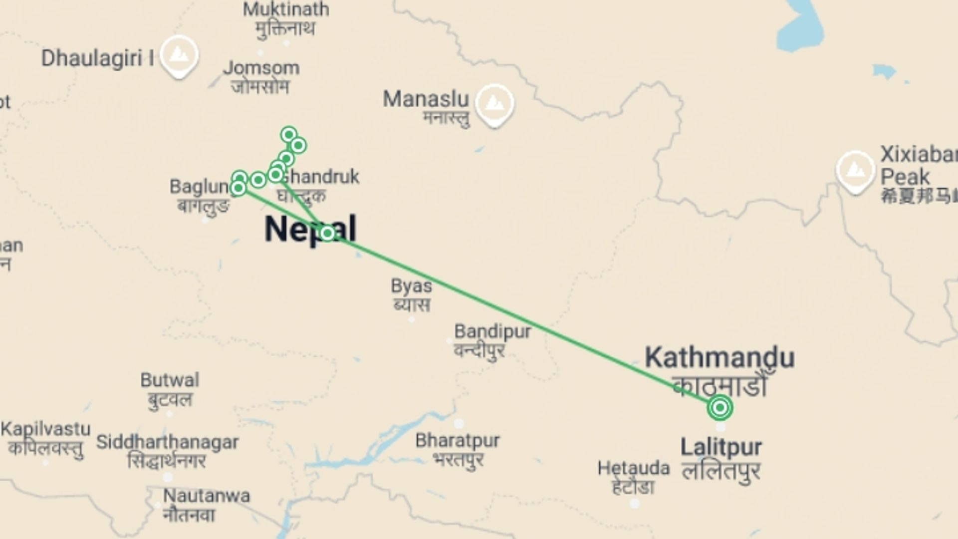 A map showing the tour itinerary for the trip: Annapurna Base Camp Trek, starting in Kathmandu, Nepal and ending in Kathmandu, Nepal going through 10 other destinations.