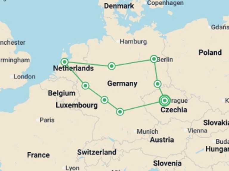 Map of 9-Day Berlin Tour with 4 destination visits for the trip: Prague and Germany