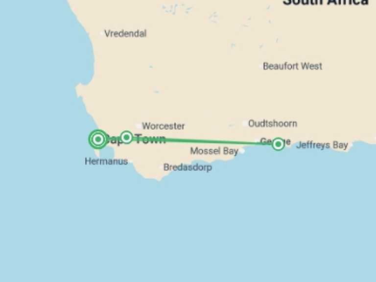 Map of Southern Africa Tour with 3 destination visits for the trip: Premium Cape Town and the Garden Route