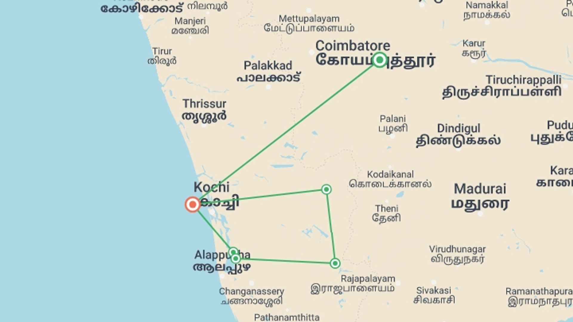 A map showing the tour itinerary for the trip: The Highlights of South India, starting in Kerala & Tamil Nadu, India and ending in Cochin, India going through 5 other destinations.