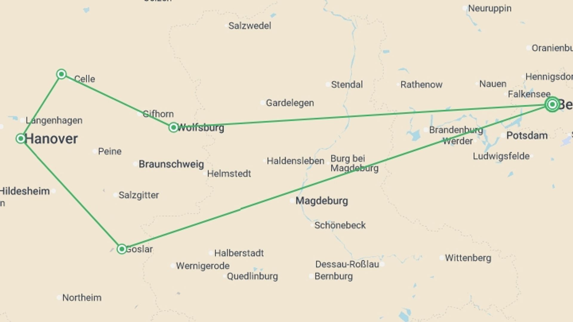 A map showing the tour itinerary for the trip: Northern Germany with Berlin, starting in Berlin, Germany and ending in Berlin, Germany going through 1 other destinations.