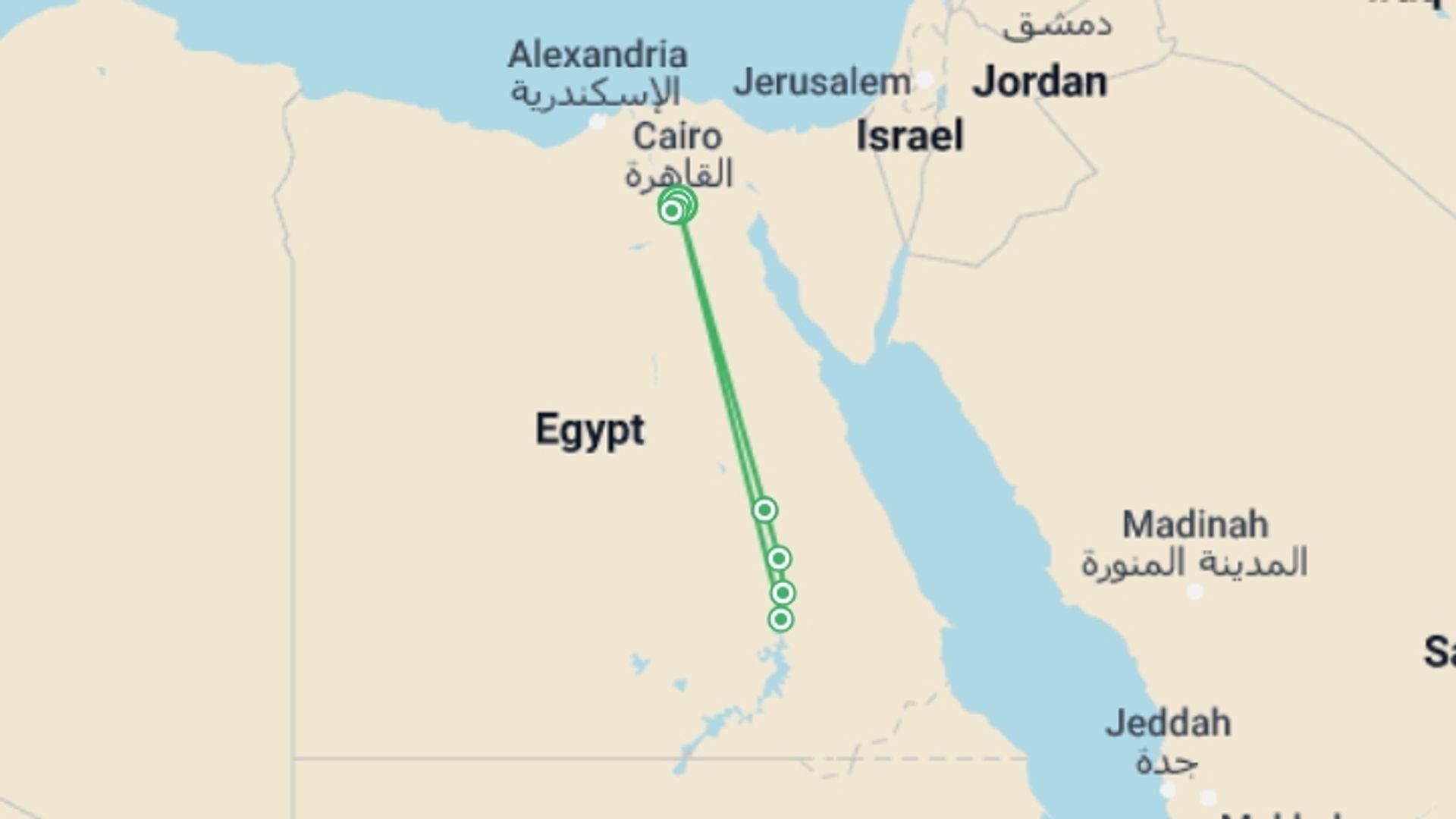 A map showing the tour itinerary for the trip: Museums, Monuments And Nile Cruise In Egypt, starting in Cairo, Egypt and ending in Cairo, Egypt going through 4 other destinations.