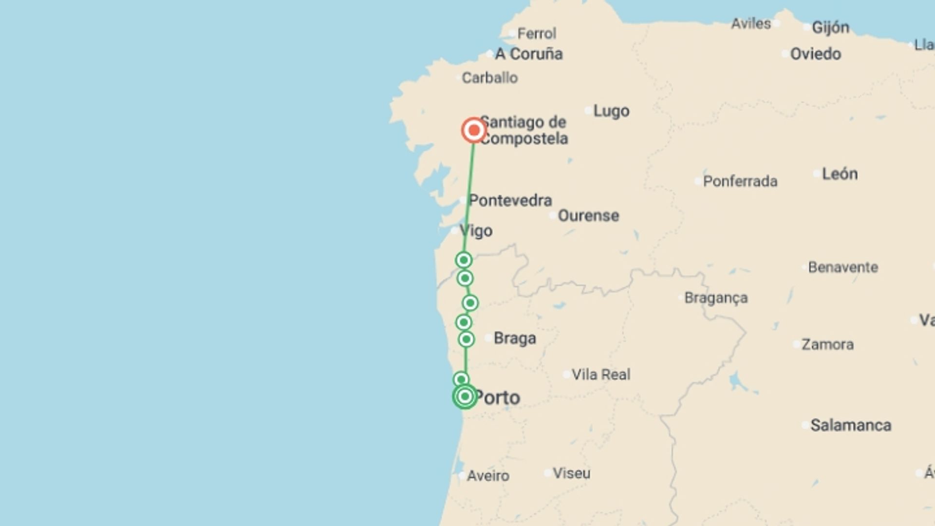 A map showing the tour itinerary for the trip: Portuguese Camino - Porto to Tui, starting in Porto, Portugal and ending in Santiago De Compostela, Spain going through 5 other destinations.