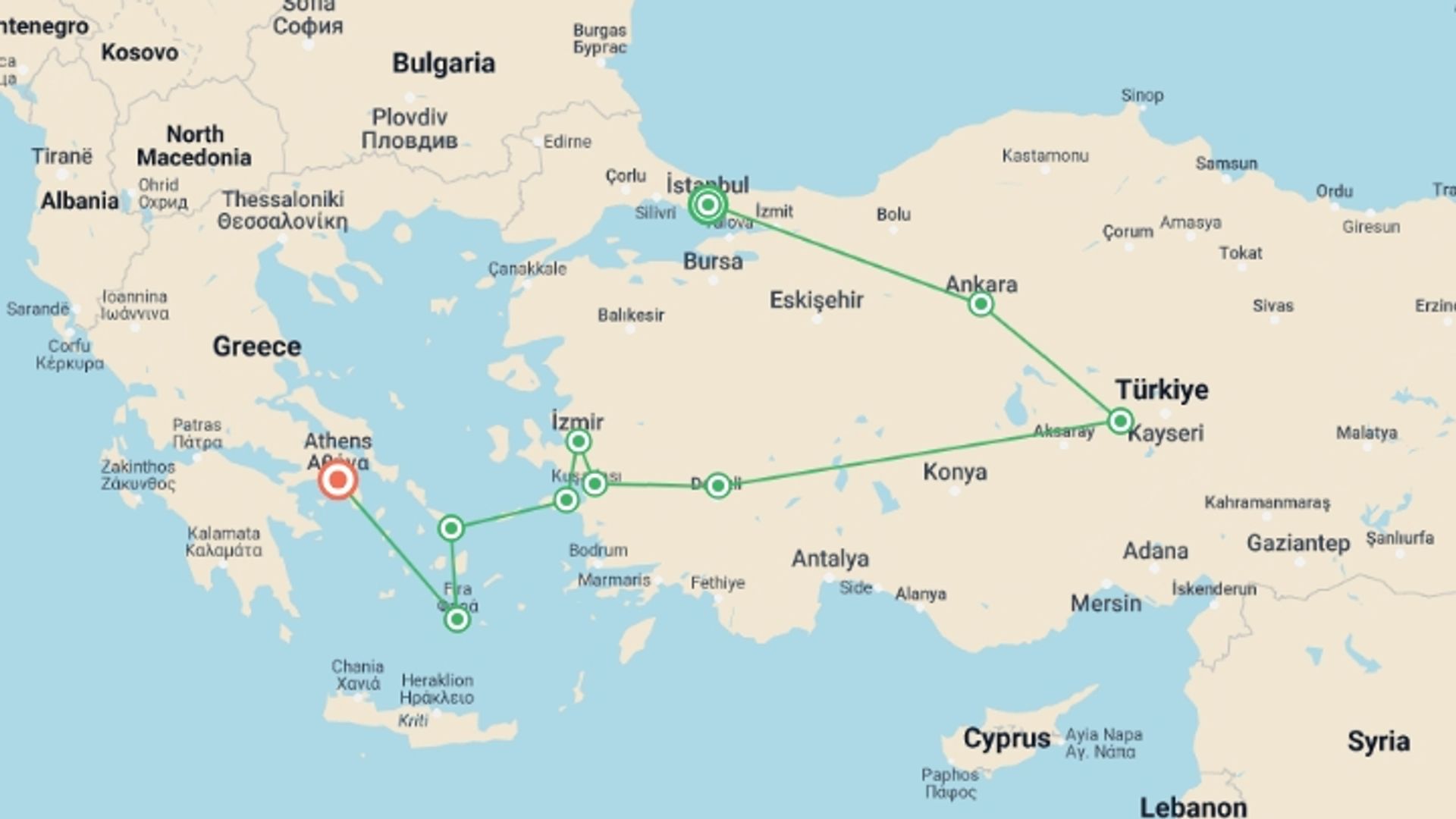 A map showing the tour itinerary for the trip: Best Of Turkey And Greece With Island Hopping, starting in Istanbul, Turkey and ending in Athens, Greece going through 7 other destinations.