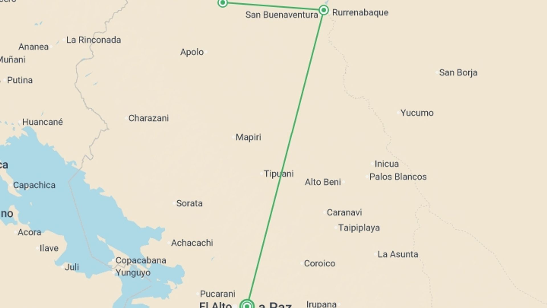 A map showing the tour itinerary for the trip: Madidi Amazon Rainforest Air-Expedition 3D/2N, starting in La Paz, Bolivia and ending in La Paz, Bolivia going through 1 other destinations.