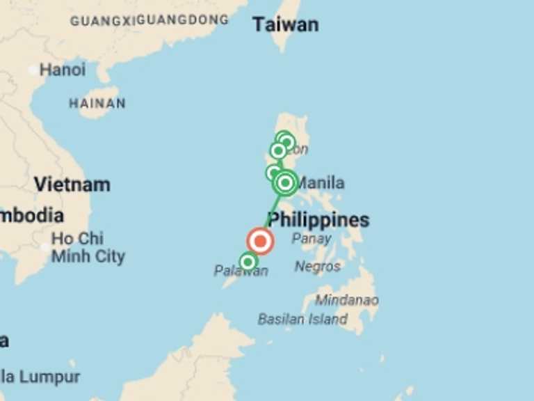 Map itinerary of Philippines Tour in November 2025 with 8 destination visits for the trip: The Philippines: Mountains & Islands
