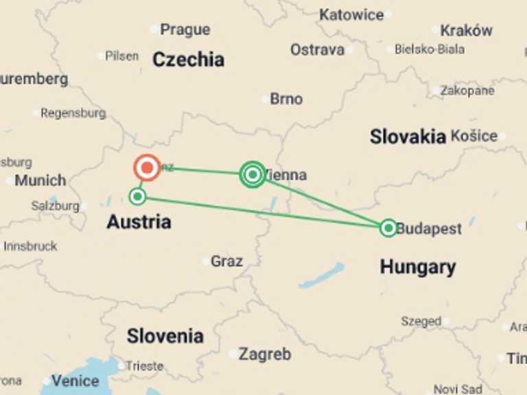Map itinerary of Vienna Tour in June 2026 with 4 destination visits for the trip: Magical Danube Dream Cruise