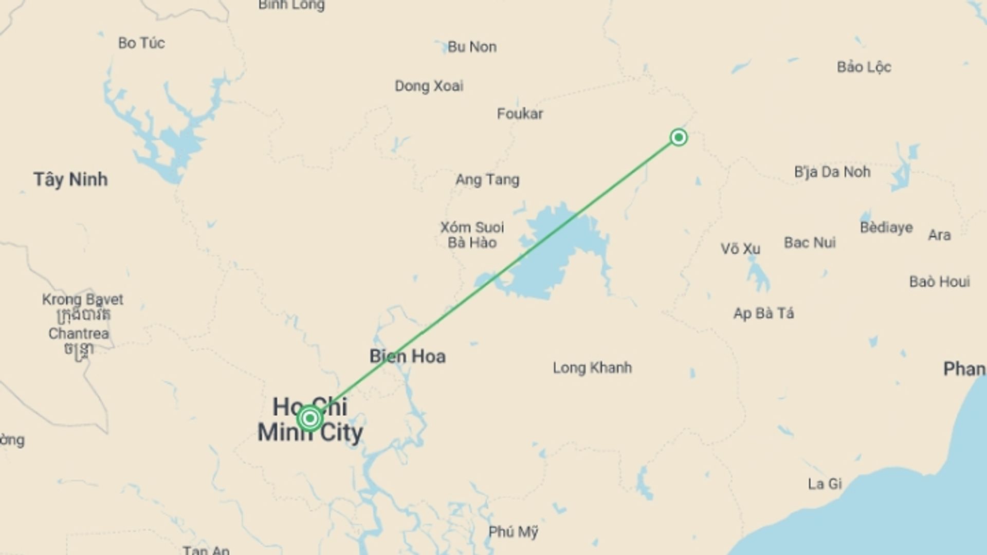 A map showing the tour itinerary for the trip: Two-day Visit Nam Cat Tien National Park from Ho Chi Minh, starting in Ho Chi Minh City, Vietnam and ending in Ho Chi Minh City, Vietnam going through 1 other destinations.