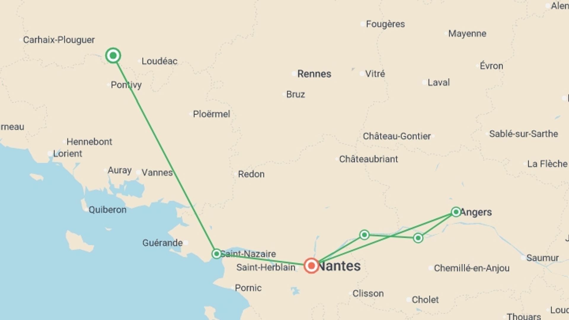 A map showing the tour itinerary for the trip: Royal New Year cruise on the Loire (port-to-port cruise), starting in Brittany, France and ending in Nantes, France going through 3 other destinations.