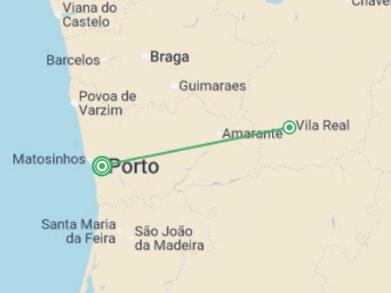 Map itinerary of Portugal Tour in June 2026 with 2 destination visits for the trip: Porto & Douro Valley - 5 days