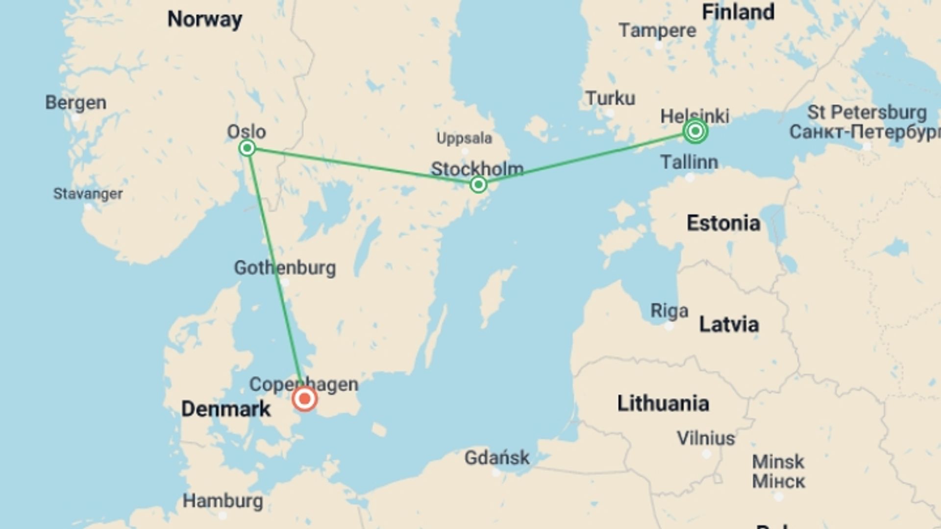 A map showing the tour itinerary for the trip: Northern Capitals, a Women-Only Tour, starting in Helsinki, Finland and ending in Copenhagen, Denmark going through 4 other destinations.