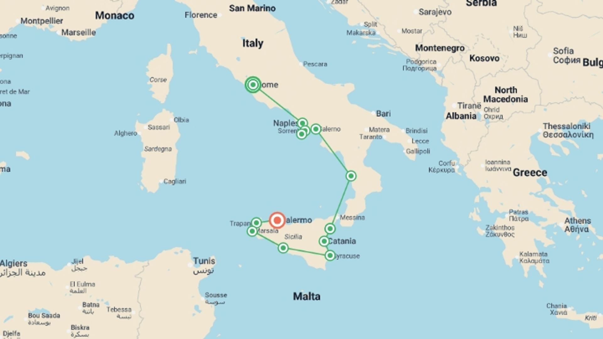 A map showing the tour itinerary for the trip: Sicily and Southern Italy  Ending in Palermo with Rome, starting in Rome, Italy and ending in Palermo, Italy going through 3 other destinations.