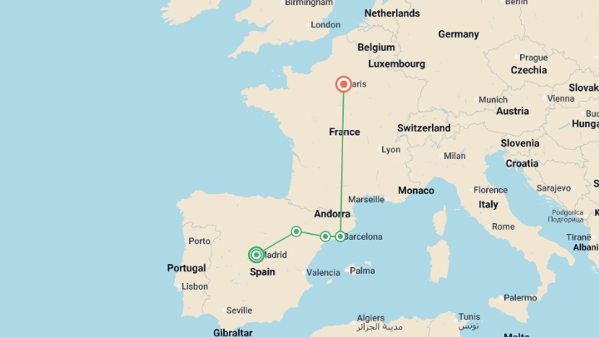 A map showing the tour itinerary for the trip: From Madrid to Paris, starting in Madrid, Spain and ending in Paris, France going through 1 other destinations.