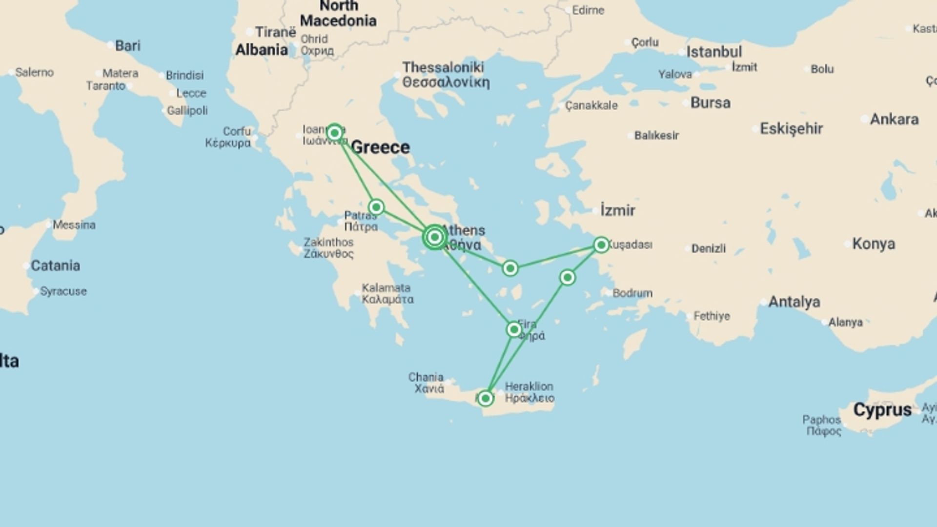 A map showing the tour itinerary for the trip: Jewels of Greece and Aegean Islands - 8 Days, starting in Athens, Greece and ending in Athens, Greece going through 4 other destinations.