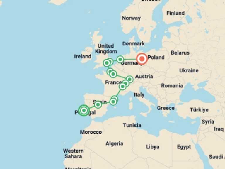 Map of Europe Tour with 13 destination visits for the trip: European Colours