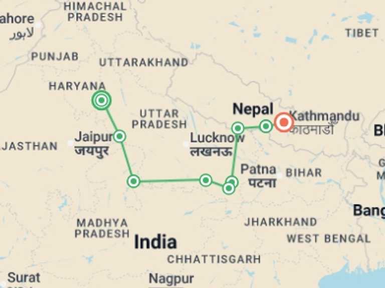Map itinerary of Varanasi Tour in December 2026 with 9 destination visits for the trip: Delhi to Kathmandu