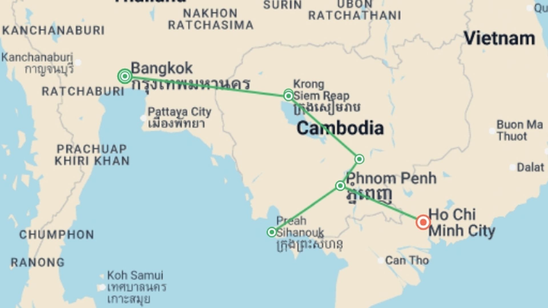 A map showing the tour itinerary for the trip: Cambodia Adventure, starting in Bangkok, Thailand and ending in Ho Chi Minh City, Vietnam going through 5 other destinations.