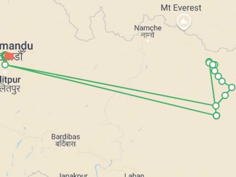 Map of 16-Day Kathmandu Tour with 13 destination visits for the trip: Makalu Base Camp trek
