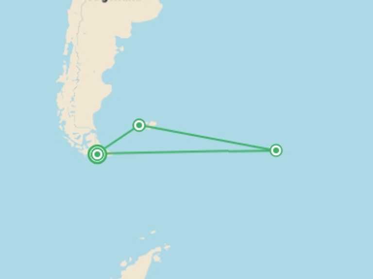 Map itinerary of Ushuaia Tour in Fall with 3 destination visits for the trip: Penguins of the Far South: Falklands, South Georgia and Antarctica