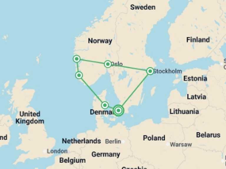 Map of Denmark Tour with 6 destination visits for the trip: Great Scandinavia