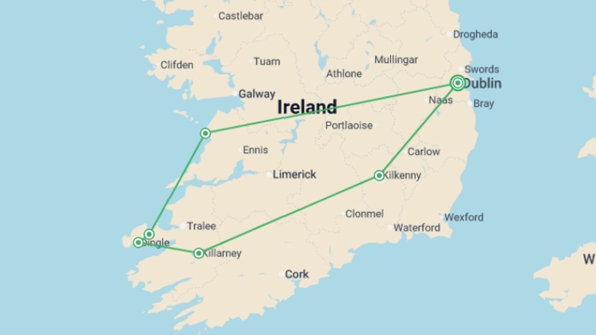 A map showing the tour itinerary for the trip: South Ireland Discovery - 6 days, starting in Dublin, Ireland and ending in Dublin, Ireland going through 5 other destinations.