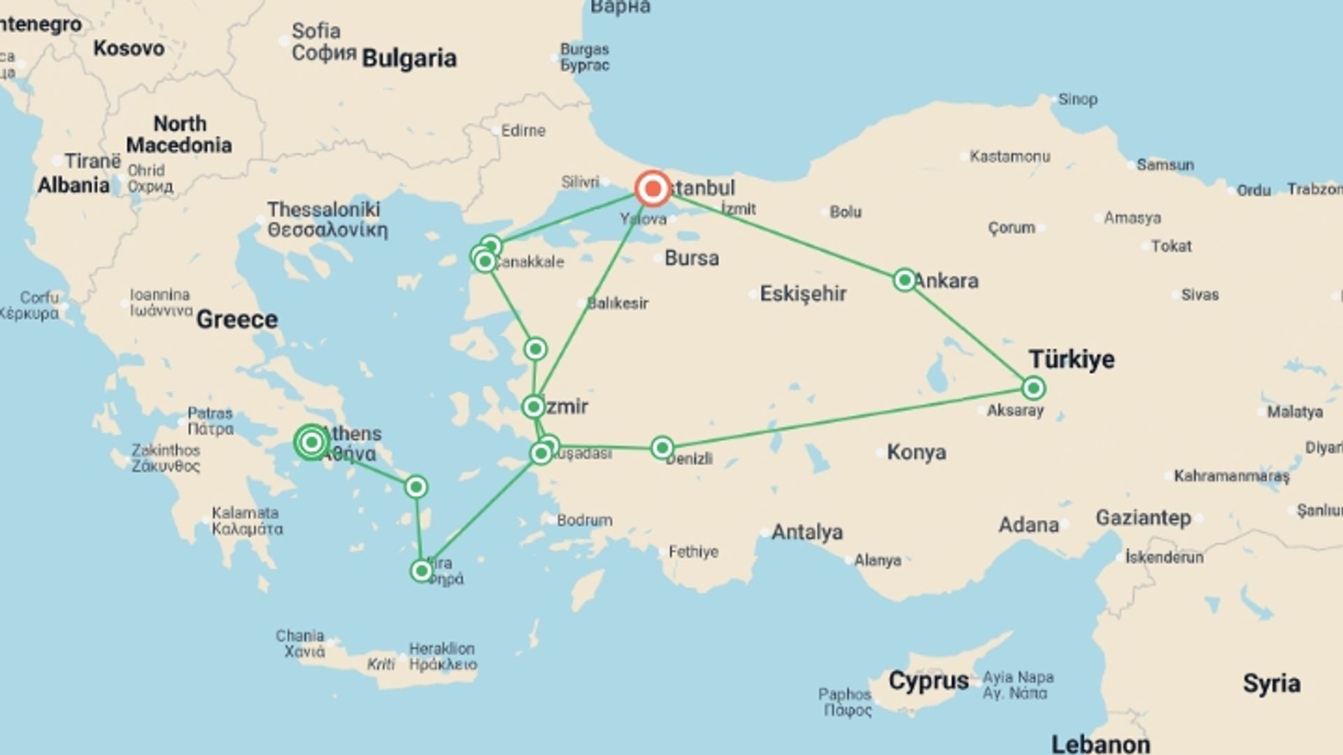 A map showing the tour itinerary for the trip: Athens, Greek Islands & Turkey - 14 days, starting in Athens, Greece and ending in Istanbul, Turkey going through 7 other destinations.