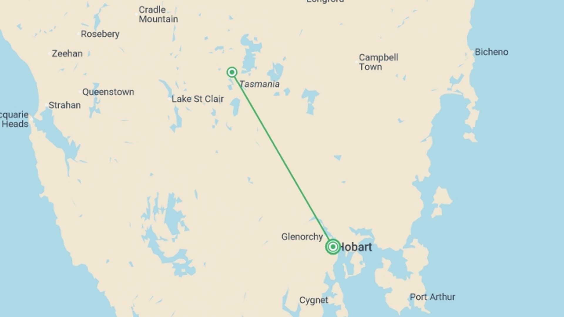 A map showing the tour itinerary for the trip: Best of Tasmania’s Heartlands - 4 days, starting in undefined, Australia and ending in undefined, Australia going through 0 other destinations.