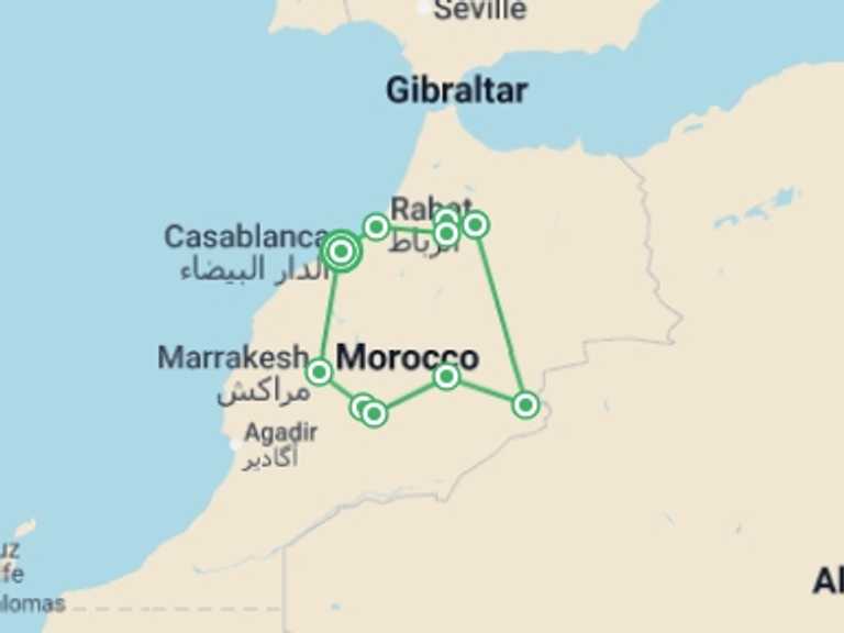 Map itinerary of Africa Tour in February 2027 with 6 destination visits for the trip: Private Road to Casablanca - 9 days