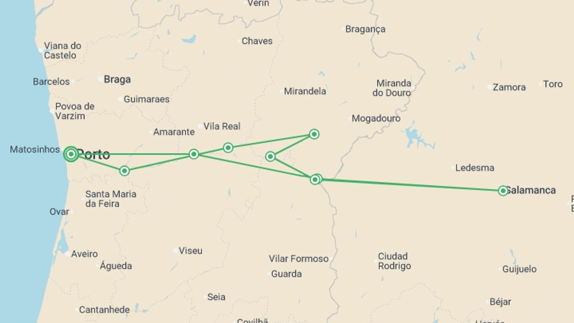 A map showing the tour itinerary for the trip: Portugal, Land of the Explorers (port-to-port cruise), starting in Porto, Portugal and ending in Porto, Portugal going through 5 other destinations.